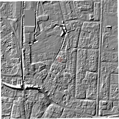 Shaded relief map of the ground around TA64NW, computed from Environment Agency LiDAR. The ground here sits at about 6 m above sea level and falls 6 m across the surrounding 800 m. Surface water reaching this point runs off ground lying to the south-west, 3.8 m higher.