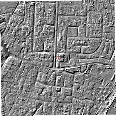 Shaded relief map of the ground around TA64NX, computed from Environment Agency LiDAR. The ground here sits at about 7 m above sea level and falls 3 m across the surrounding 800 m. Surface water reaching this point runs off ground lying to the north-north-east, 1.4 m higher.