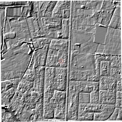 Shaded relief map of the ground around TA64NY, computed from Environment Agency LiDAR. The ground here sits at about 6 m above sea level and falls 5 m across the surrounding 800 m. Surface water reaching this point runs off ground lying to the south-west, 0.6 m higher.