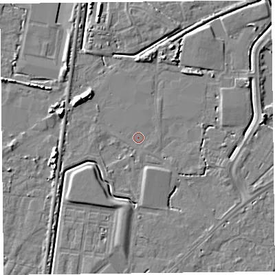Shaded relief map of the ground around TA64NZ, computed from Environment Agency LiDAR. The ground here sits at about 6 m above sea level and falls 8 m across the surrounding 800 m. Surface water reaching this point runs off ground lying to the south-south-west, 0.8 m higher.