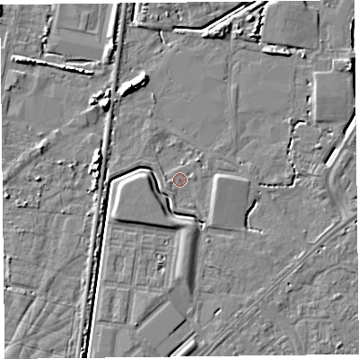 Shaded relief map of the ground around TA64PA, computed from Environment Agency LiDAR. The ground here sits at about 6 m above sea level and falls 8 m across the surrounding 800 m. Surface water reaching this point runs off ground lying to the north-north-west, 6.5 m higher.