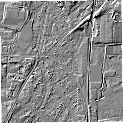 Shaded relief map of the ground around TA64PB, computed from Environment Agency LiDAR. The ground here sits at about 7 m above sea level and falls 7 m across the surrounding 800 m. Surface water reaching this point runs off ground lying to the south-west, 1.2 m higher.
