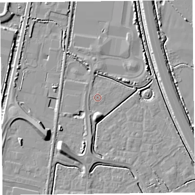 Shaded relief map of the ground around TA64PD, computed from Environment Agency LiDAR. The ground here sits at about 6 m above sea level and falls 10 m across the surrounding 800 m. Surface water reaching this point runs off ground lying to the south, 5.7 m higher.