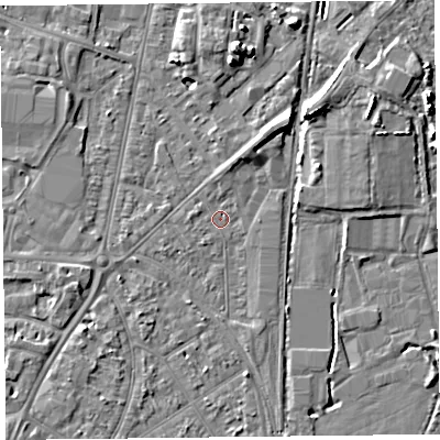 Shaded relief map of the ground around TA64PE, computed from Environment Agency LiDAR. The ground here sits at about 7 m above sea level and falls 7 m across the surrounding 800 m. Surface water reaching this point runs off ground lying to the west, 0.8 m higher.