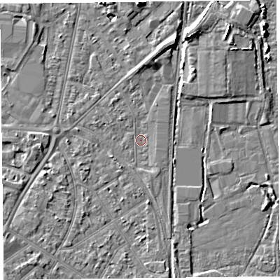 Shaded relief map of the ground around TA64PF, computed from Environment Agency LiDAR. The ground here sits at about 7 m above sea level and falls 7 m across the surrounding 800 m. Surface water reaching this point runs off ground lying to the west-south-west, 1.2 m higher.