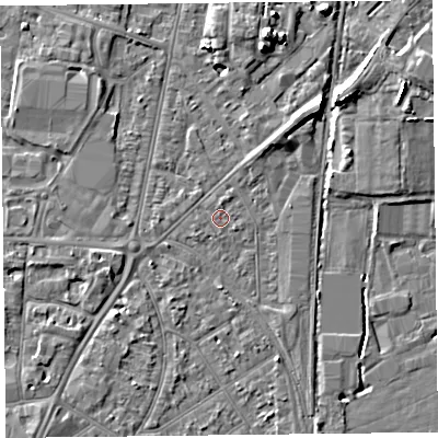 Shaded relief map of the ground around TA64PG, computed from Environment Agency LiDAR. The ground here sits at about 7 m above sea level and falls 7 m across the surrounding 800 m. Surface water reaching this point runs off ground lying to the south-west, 0.7 m higher.