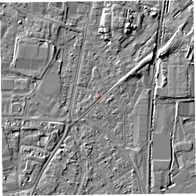 Shaded relief map of the ground around TA64PH, computed from Environment Agency LiDAR. The ground here sits at about 7 m above sea level and falls 7 m across the surrounding 800 m. Surface water reaching this point runs off ground lying to the east-south-east, 0.8 m higher.