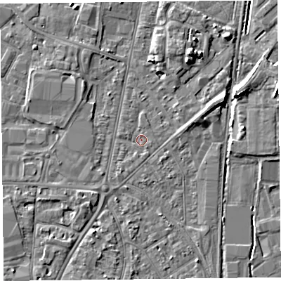 Shaded relief map of the ground around TA64PJ, computed from Environment Agency LiDAR. The ground here sits at about 7 m above sea level and falls 7 m across the surrounding 800 m. Surface water reaching this point runs off ground lying to the east-north-east, 2.6 m higher.