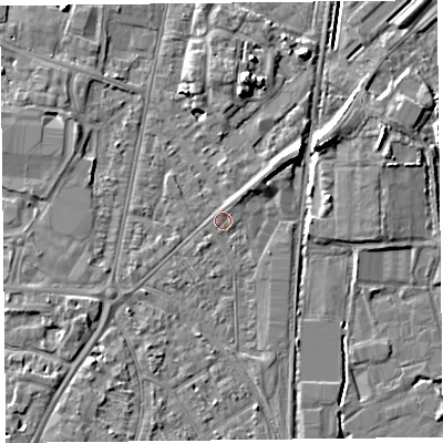 Shaded relief map of the ground around TA64PL, computed from Environment Agency LiDAR. The ground here sits at about 7 m above sea level and falls 7 m across the surrounding 800 m. Surface water reaching this point runs off ground lying to the north-east, 1.3 m higher.