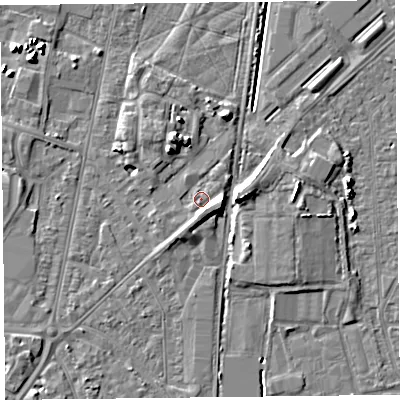 Shaded relief map of the ground around TA64PN, computed from Environment Agency LiDAR. The ground here sits at about 7 m above sea level and falls 7 m across the surrounding 800 m. Surface water reaching this point runs off ground lying to the north-east, 1.1 m higher.