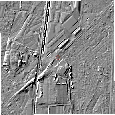 Shaded relief map of the ground around TA64PP, computed from Environment Agency LiDAR. The ground here sits at about 7 m above sea level and falls 7 m across the surrounding 800 m. Surface water reaching this point runs off ground lying to the south, 3.8 m higher.