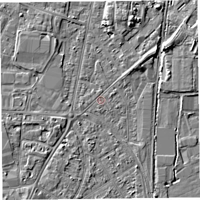Shaded relief map of the ground around TA64PQ, computed from Environment Agency LiDAR. The ground here sits at about 7 m above sea level and falls 7 m across the surrounding 800 m. Surface water reaching this point runs off ground lying to the east-north-east, 0.7 m higher.
