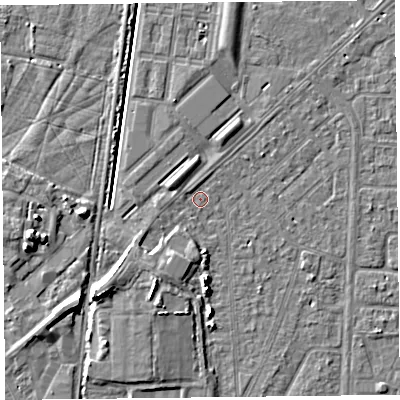 Shaded relief map of the ground around TA64PR, computed from Environment Agency LiDAR. The ground here sits at about 6 m above sea level and falls 7 m across the surrounding 800 m. Surface water reaching this point runs off ground lying to the north-north-west, 0.8 m higher.