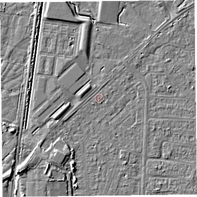 Shaded relief map of the ground around TA64PS, computed from Environment Agency LiDAR. The ground here sits at about 6 m above sea level and falls 7 m across the surrounding 800 m. Surface water reaching this point runs off ground lying to the north-north-east, 0.6 m higher.