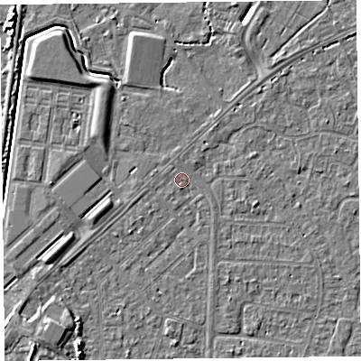 Shaded relief map of the ground around TA64PT, computed from Environment Agency LiDAR. The ground here sits at about 7 m above sea level and falls 6 m across the surrounding 800 m. Surface water reaching this point runs off ground lying to the west-north-west, 0.7 m higher.
