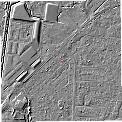 Shaded relief map of the ground around TA64PU, computed from Environment Agency LiDAR. The ground here sits at about 6 m above sea level and falls 6 m across the surrounding 800 m. The ground contributing surface water to this point lies to the north.