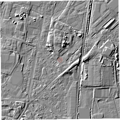 Shaded relief map of the ground around TA64PW, computed from Environment Agency LiDAR. The ground here sits at about 7 m above sea level and falls 7 m across the surrounding 800 m. Surface water reaching this point runs off ground lying to the south-east, 2.9 m higher.