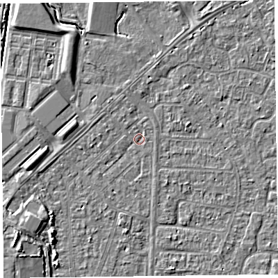 Shaded relief map of the ground around TA64PX, computed from Environment Agency LiDAR. The ground here sits at about 6 m above sea level and falls 6 m across the surrounding 800 m. Surface water reaching this point runs off ground lying to the south-west, 3.2 m higher.
