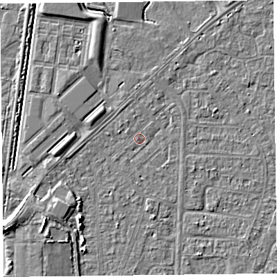 Shaded relief map of the ground around TA64PY, computed from Environment Agency LiDAR. The ground here sits at about 6 m above sea level and falls 7 m across the surrounding 800 m. Surface water reaching this point runs off ground lying to the south-west, 4.5 m higher.