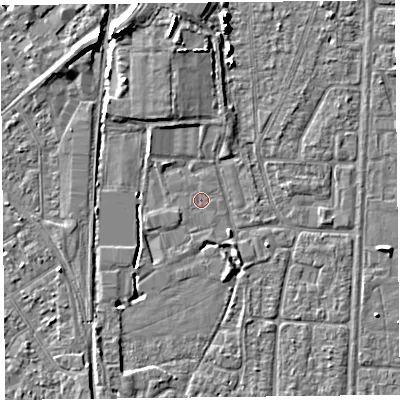 Shaded relief map of the ground around TA64PZ, computed from Environment Agency LiDAR. The ground here sits at about 6 m above sea level and falls 7 m across the surrounding 800 m. Surface water reaching this point runs off ground lying to the west-south-west, 0.7 m higher.