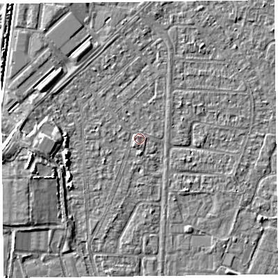 Shaded relief map of the ground around TA64QA, computed from Environment Agency LiDAR. The ground here sits at about 6 m above sea level and falls 5 m across the surrounding 800 m. Surface water reaching this point runs off ground lying to the west-south-west, 4.2 m higher.