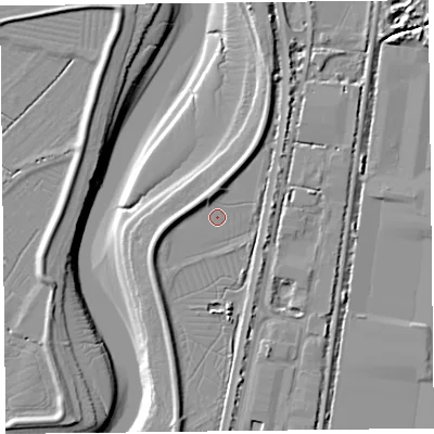Shaded relief map of the ground around TA64QB, computed from Environment Agency LiDAR. The ground here sits at about 7 m above sea level and falls 10 m across the surrounding 800 m. Surface water reaching this point runs off ground lying to the north-north-west, 2.9 m higher.