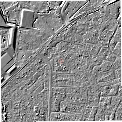 Shaded relief map of the ground around TA64QD, computed from Environment Agency LiDAR. The ground here sits at about 6 m above sea level and falls 5 m across the surrounding 800 m. The ground contributing surface water to this point lies to the south-south-west.