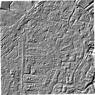 Shaded relief map of the ground around TA64QE, computed from Environment Agency LiDAR. The ground here sits at about 6 m above sea level and falls 3 m across the surrounding 800 m. Surface water reaching this point runs off ground lying to the west-north-west, 1.8 m higher.