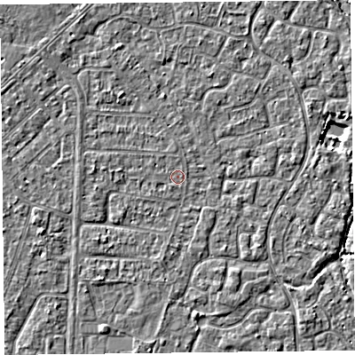 Shaded relief map of the ground around TA64QF, computed from Environment Agency LiDAR. The ground here sits at about 6 m above sea level and falls 3 m across the surrounding 800 m. Surface water reaching this point runs off ground lying to the north-west, 0.8 m higher.