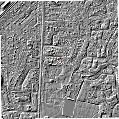 Shaded relief map of the ground around TA64QH, computed from Environment Agency LiDAR. The ground here sits at about 6 m above sea level and falls 3 m across the surrounding 800 m. Surface water reaching this point runs off ground lying to the west-south-west, 1.3 m higher.
