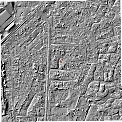 Shaded relief map of the ground around TA64QL, computed from Environment Agency LiDAR. The ground here sits at about 6 m above sea level and falls 5 m across the surrounding 800 m. Surface water reaching this point runs off ground lying to the north-north-east, 0.8 m higher.