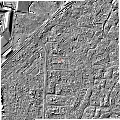 Shaded relief map of the ground around TA64QP, computed from Environment Agency LiDAR. The ground here sits at about 6 m above sea level and falls 5 m across the surrounding 800 m. Surface water reaching this point runs off ground lying to the south-south-west, 0.7 m higher.