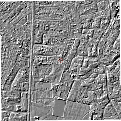Shaded relief map of the ground around TA64QQ, computed from Environment Agency LiDAR. The ground here sits at about 6 m above sea level and falls 3 m across the surrounding 800 m. Surface water reaching this point runs off ground lying to the north-north-east, 0.7 m higher.