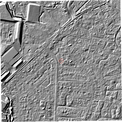 Shaded relief map of the ground around TA64QR, computed from Environment Agency LiDAR. The ground here sits at about 6 m above sea level and falls 5 m across the surrounding 800 m. Surface water reaching this point runs off ground lying to the west-south-west, 2.8 m higher.