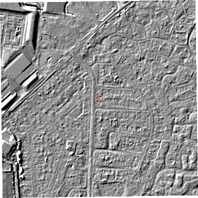 Shaded relief map of the ground around TA64QS, computed from Environment Agency LiDAR. The ground here sits at about 6 m above sea level and falls 5 m across the surrounding 800 m. Surface water reaching this point runs off ground lying to the south-south-east, 0.6 m higher.