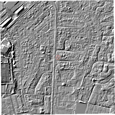Shaded relief map of the ground around TA64QU, computed from Environment Agency LiDAR. The ground here sits at about 6 m above sea level and falls 5 m across the surrounding 800 m. Surface water reaching this point runs off ground lying to the west, 4.2 m higher.