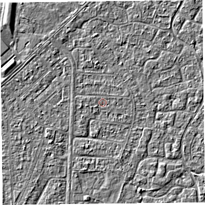 Shaded relief map of the ground around TA64QW, computed from Environment Agency LiDAR. The ground here sits at about 6 m above sea level and falls 3 m across the surrounding 800 m. Surface water reaching this point runs off ground lying to the west-south-west, 0.6 m higher.