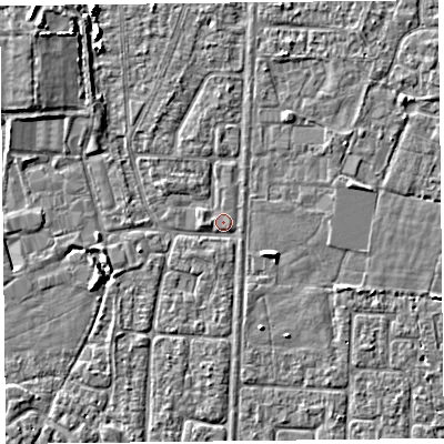 Shaded relief map of the ground around TA64QZ, computed from Environment Agency LiDAR. The ground here sits at about 6 m above sea level and falls 5 m across the surrounding 800 m. Surface water reaching this point runs off ground lying to the south, 0.7 m higher.