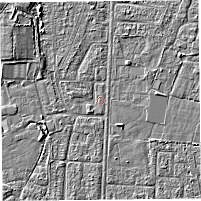 Shaded relief map of the ground around TA64RA, computed from Environment Agency LiDAR. The ground here sits at about 6 m above sea level and falls 5 m across the surrounding 800 m. Surface water reaching this point runs off ground lying to the south-west, 1.0 m higher.