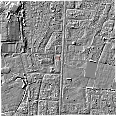 Shaded relief map of the ground around TA64RB, computed from Environment Agency LiDAR. The ground here sits at about 6 m above sea level and falls 5 m across the surrounding 800 m. Surface water reaching this point runs off ground lying to the south-south-west, 1.0 m higher.