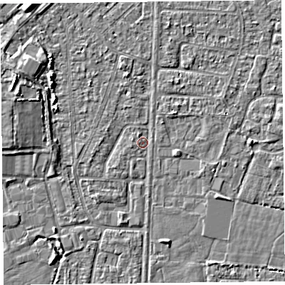 Shaded relief map of the ground around TA64RD, computed from Environment Agency LiDAR. The ground here sits at about 6 m above sea level and falls 5 m across the surrounding 800 m. Surface water reaching this point runs off ground lying to the north-north-west, 0.7 m higher.