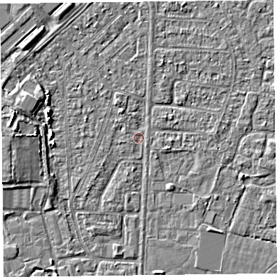 Shaded relief map of the ground around TA64RE, computed from Environment Agency LiDAR. The ground here sits at about 6 m above sea level and falls 5 m across the surrounding 800 m. Surface water reaching this point runs off ground lying to the south-west, 1.1 m higher.
