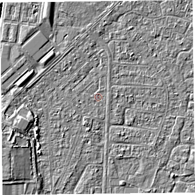 Shaded relief map of the ground around TA64RF, computed from Environment Agency LiDAR. The ground here sits at about 6 m above sea level and falls 5 m across the surrounding 800 m. Surface water reaching this point runs off ground lying to the west-south-west, 4.5 m higher.