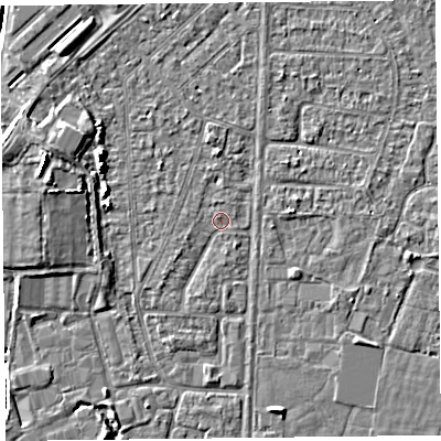 Shaded relief map of the ground around TA64RH, computed from Environment Agency LiDAR. The ground here sits at about 6 m above sea level and falls 5 m across the surrounding 800 m. Surface water reaching this point runs off ground lying to the south-west, 1.1 m higher.