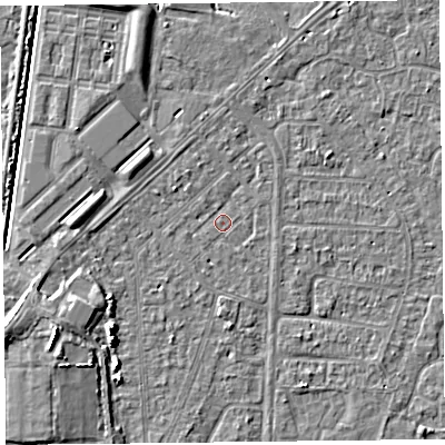 Shaded relief map of the ground around TA64RJ, computed from Environment Agency LiDAR. The ground here sits at about 6 m above sea level and falls 6 m across the surrounding 800 m. Surface water reaching this point runs off ground lying to the south-west, 4.5 m higher.