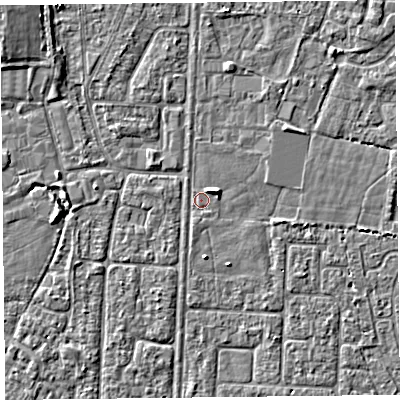 Shaded relief map of the ground around TA64RL, computed from Environment Agency LiDAR. The ground here sits at about 6 m above sea level and falls 3 m across the surrounding 800 m. Surface water reaching this point runs off ground lying to the south-south-west, 0.6 m higher.
