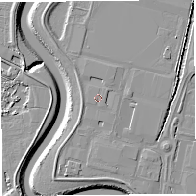 Shaded relief map of the ground around TA64RN, computed from Environment Agency LiDAR. The ground here sits at about 8 m above sea level and falls 9 m across the surrounding 800 m. Surface water reaching this point runs off ground lying to the west-north-west, 1.8 m higher.