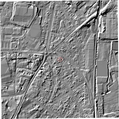 Shaded relief map of the ground around TA64RP, computed from Environment Agency LiDAR. The ground here sits at about 7 m above sea level and falls 7 m across the surrounding 800 m. Surface water reaching this point runs off ground lying to the south-south-west, 1.2 m higher.