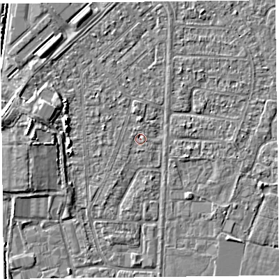 Shaded relief map of the ground around TA64RQ, computed from Environment Agency LiDAR. The ground here sits at about 6 m above sea level and falls 5 m across the surrounding 800 m. Surface water reaching this point runs off ground lying to the north-north-west, 0.9 m higher.