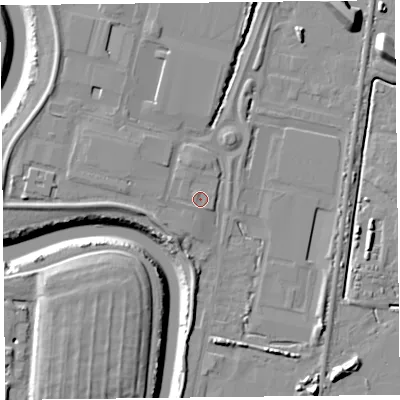 Shaded relief map of the ground around TA64RR, computed from Environment Agency LiDAR. The ground here sits at about 7 m above sea level and falls 13 m across the surrounding 800 m. Surface water reaching this point runs off ground lying to the south-west, 2.4 m higher.